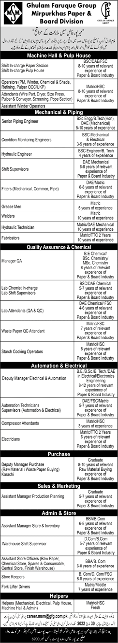 Ghulam Faruque Group Mirpurkhas Jobs 2022 March Paper Board Division Latest