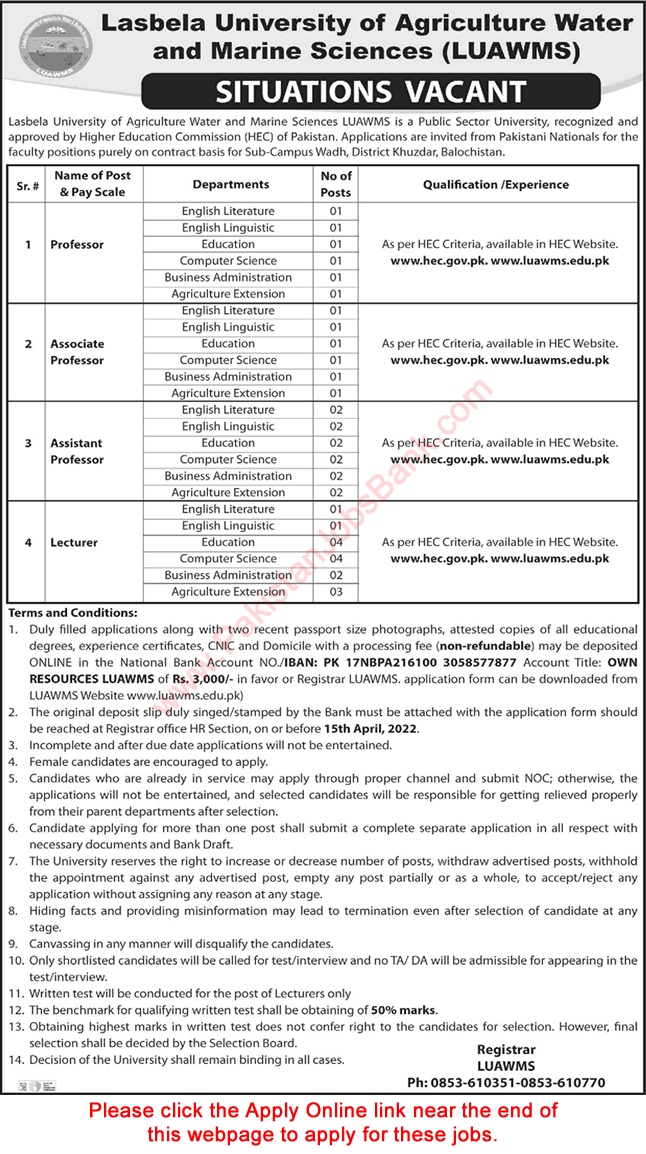 Teaching Faculty Jobs in LUAWMS University Khuzdar 2022 March Apply Online Latest