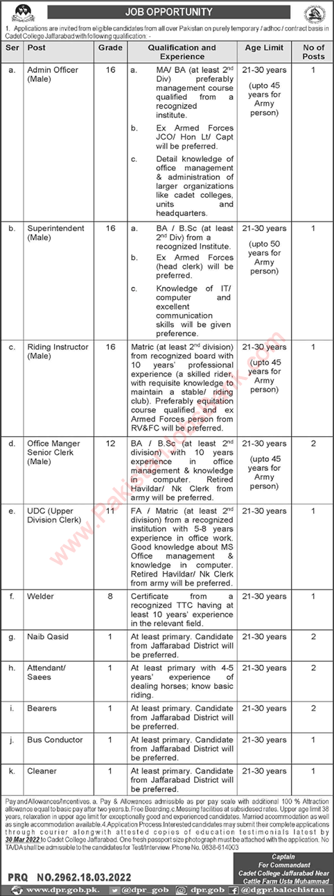 Cadet College Jaffarabad Jobs 2022 March Clerks, Naib Qasid & Others Latest