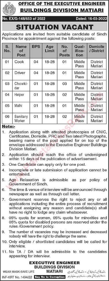 Buildings Division Matiari Jobs 2022 March Chowkidar, Helpers & Others Latest