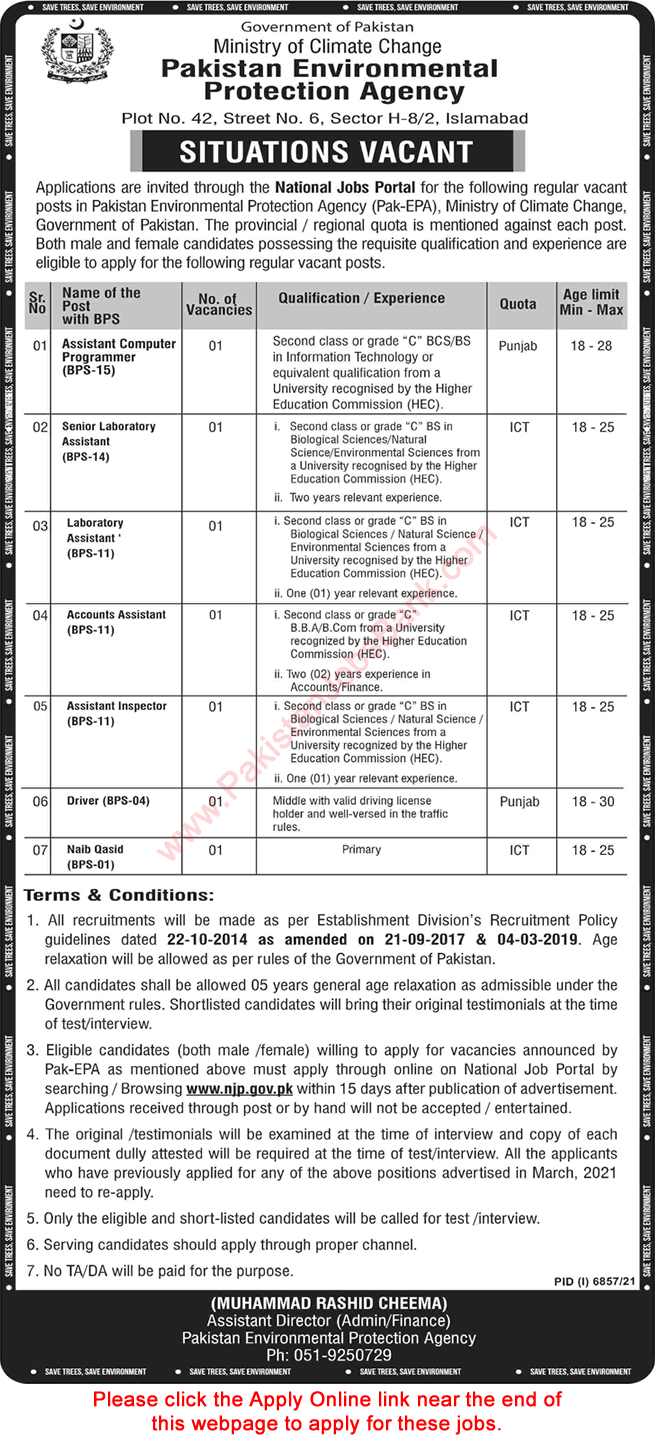 Pakistan Environmental Protection Agency Jobs March 2022 NJP Apply Online Pak EPA PEPA Latest