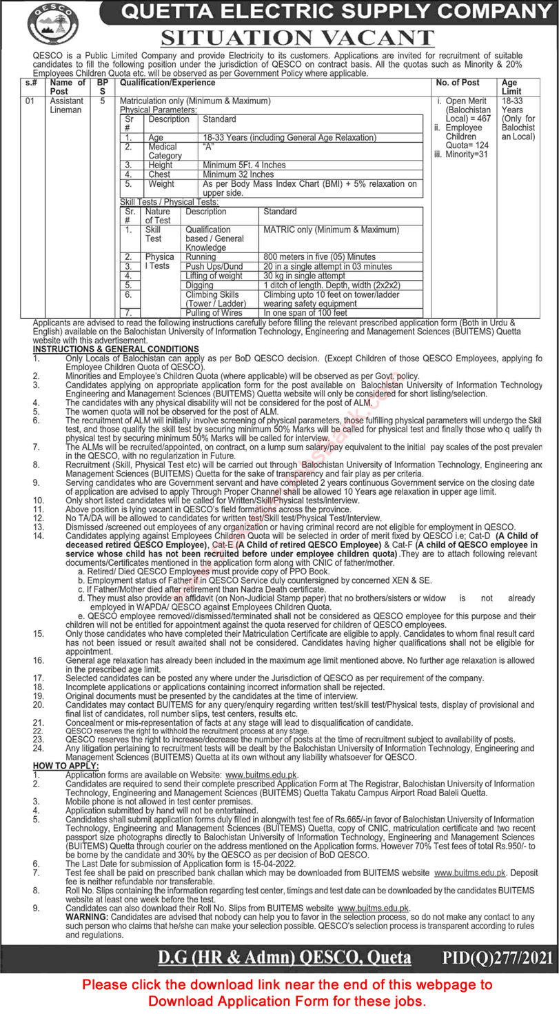 Assistant Lineman Jobs in QESCO April 2022 WAPDA Application Form Quetta Electric Supply Company Latest