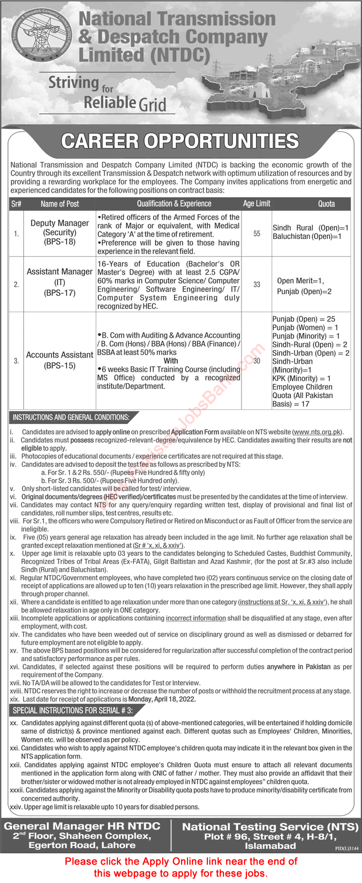 NTDC Jobs April 2022 NTS Online Apply Accounts Assistants & Others WAPDA National Transmission & Despatch Company Limited Latest