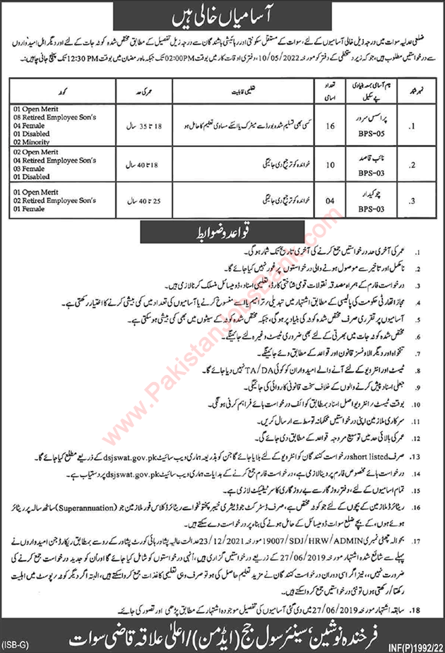 Civil Court Swat Jobs 2022 April Process Server, Naib Qasid & Chowkidar Latest