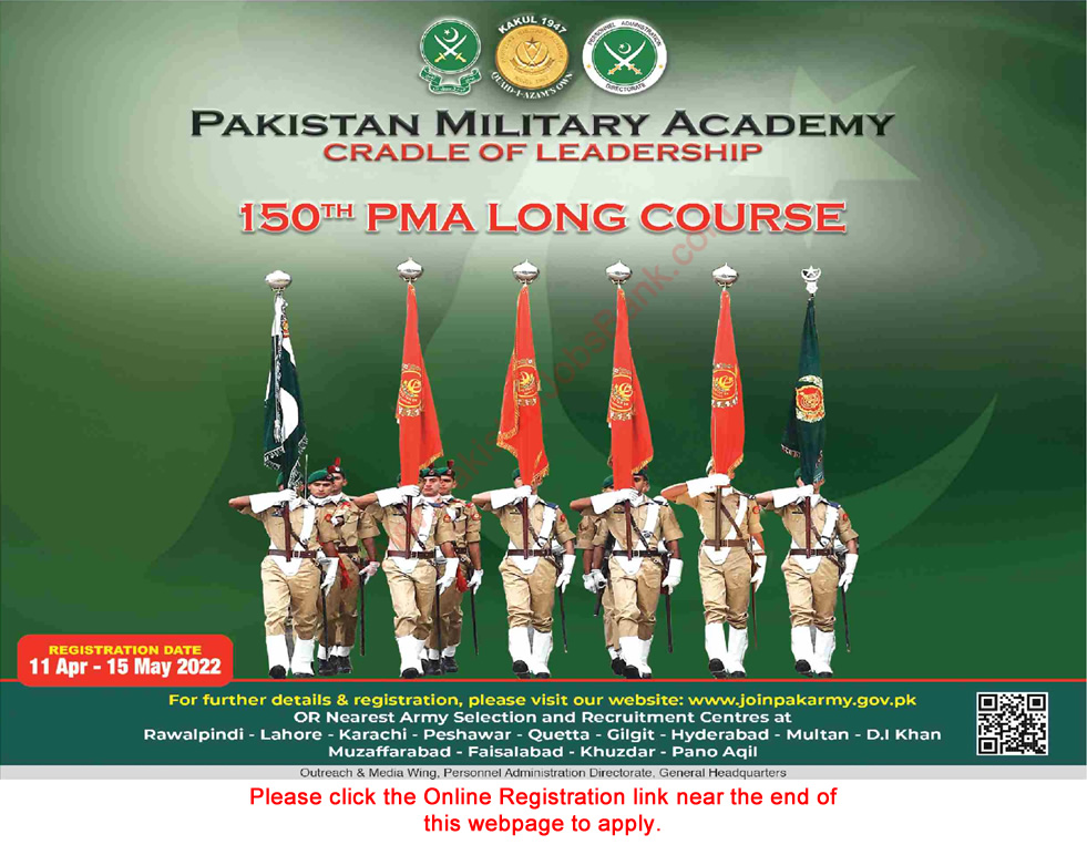 Join Pakistan Army as Commissioned Officer 2022 April through 150 PMA Long Course Online Registration Latest