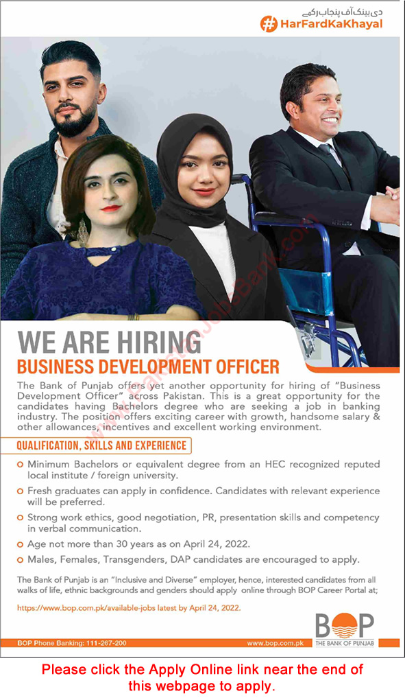 Business Development Officer Jobs in Bank of Punjab April 2022 Apply Online BOP Latest