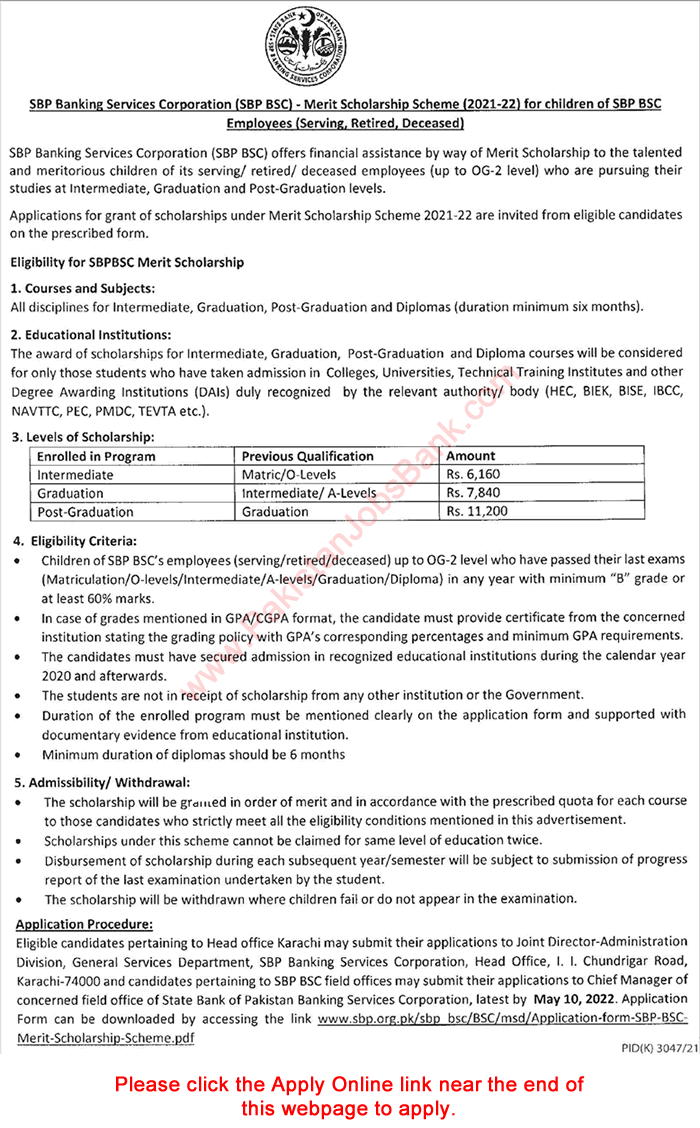 State Bank of Pakistan Merit Scholarship Scheme April 2022 Application Form for SBP Employees Children Latest