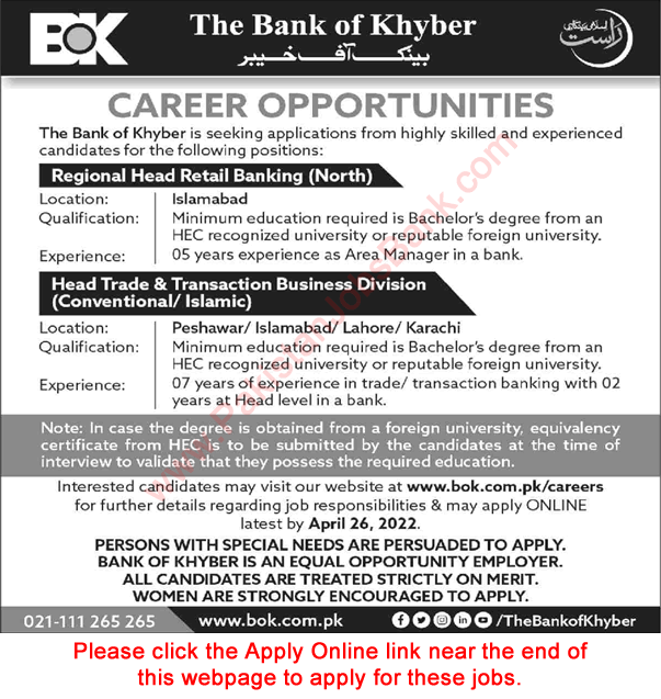 Bank of Khyber Jobs April 2022 Apply Online Regional Head & Head Trade & Transaction Business Latest