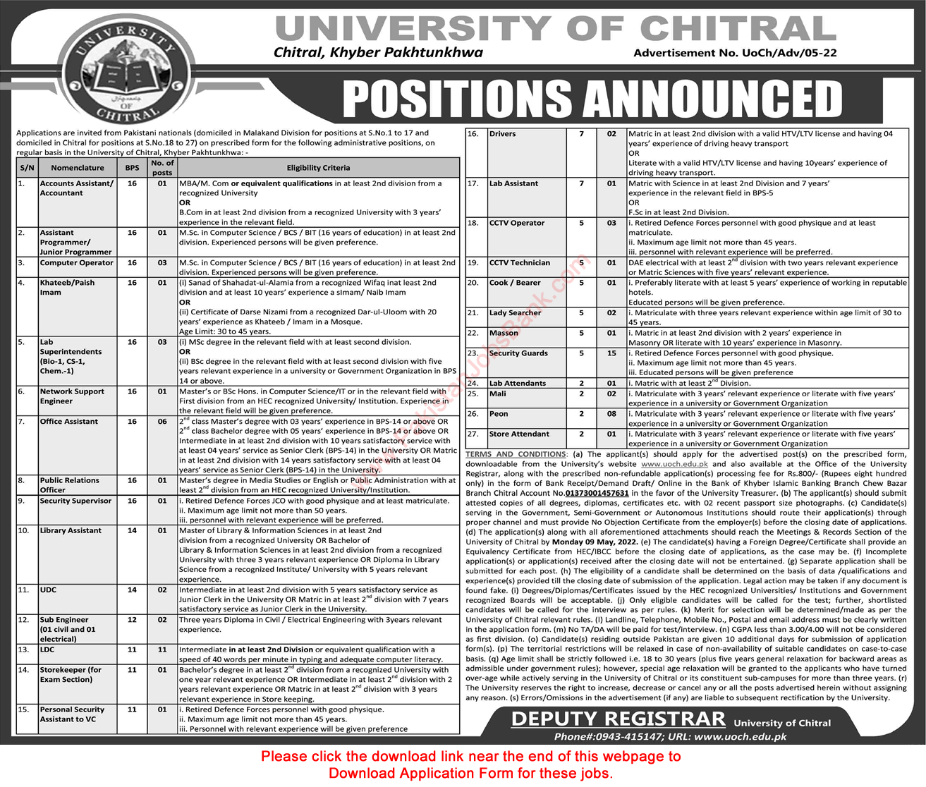 University of Chitral Jobs April 2022 Application Form Security Guards, Clerks & Others Latest