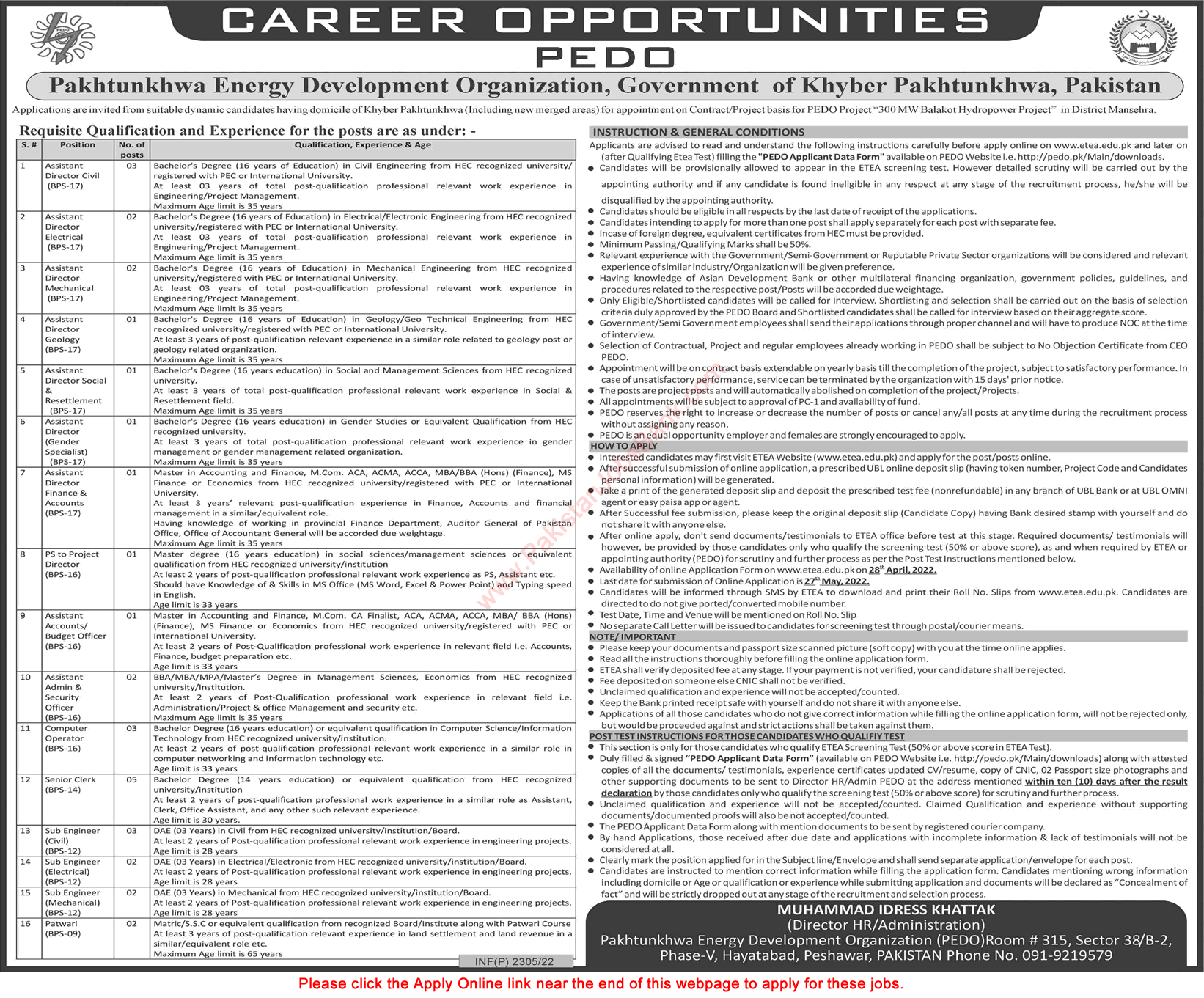 Pakhtunkhwa Energy Development Organization KPK Jobs April 2022 PEDO Apply Online Assistant Directors & Others Latest