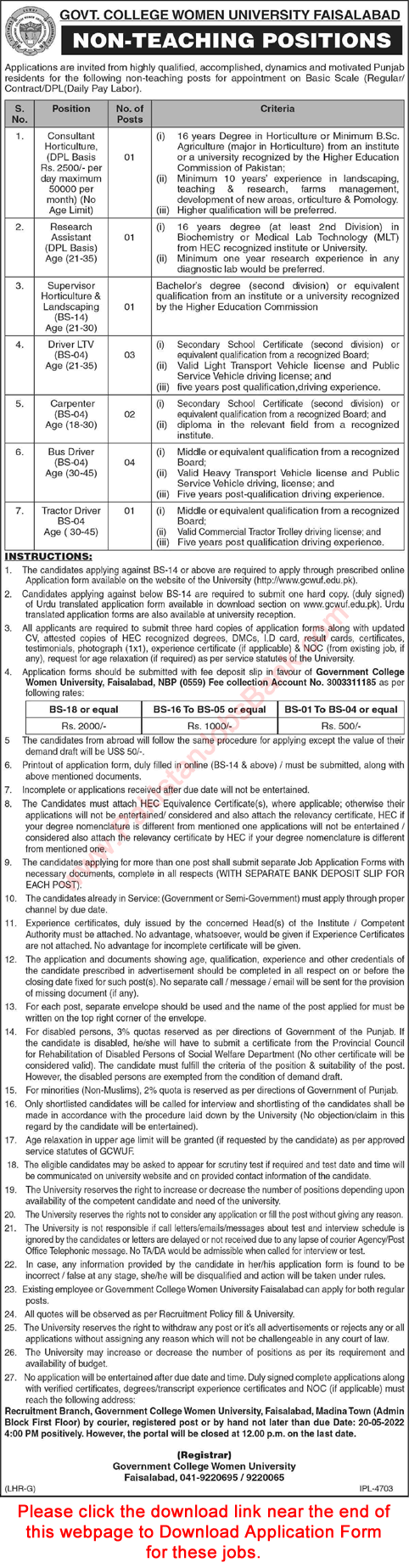 Government College Women University Faisalabad Jobs May 2022 Application Form Drivers & Others Latest