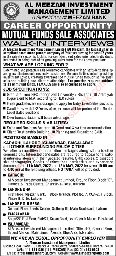 Sales Associate Jobs in Al Meezan Investment Management Limited 2022 May Walk in Interviews Latest