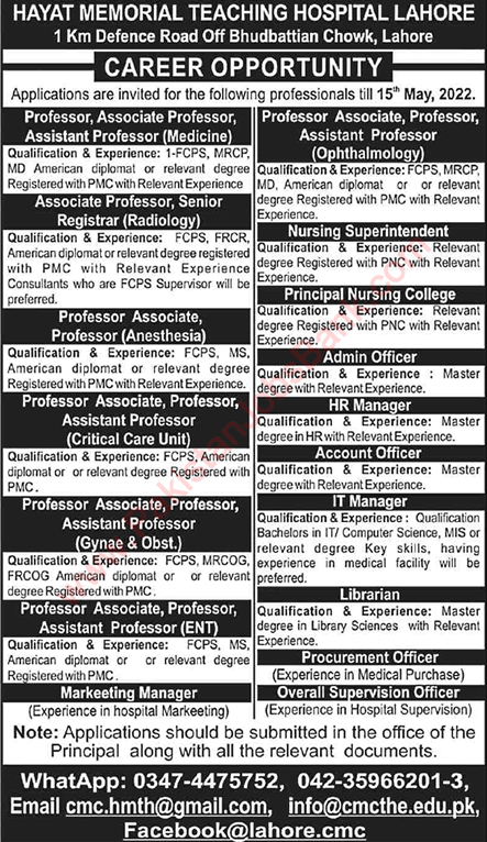 Hayat Memorial Teaching Hospital Lahore Jobs May 2022 Teaching Faculty & Others Latest