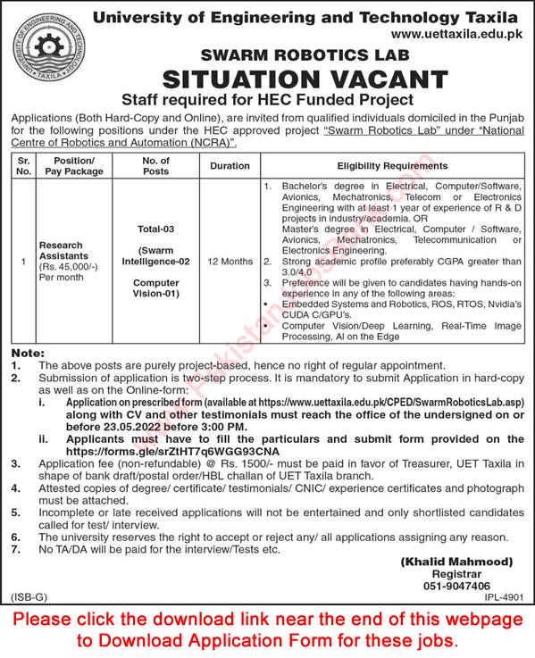 Research Assistant Jobs in UET Taxila May 2022 Application Form Latest
