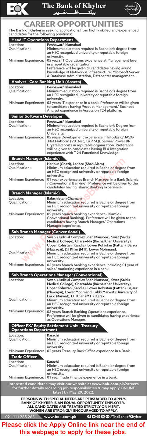 Bank of Khyber Jobs May 2022 Apply Online Sub Branch Operations / Managers & Others Latest