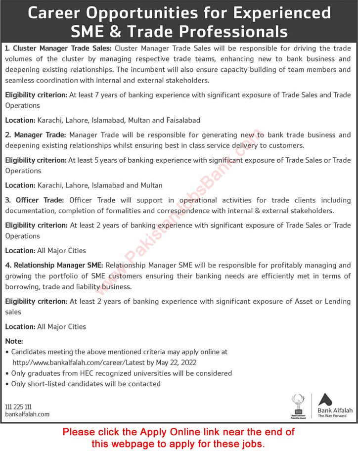 Bank Alfalah Jobs May 2022 Apply Online Trade / Relationship Managers & Others SME Banking Latest