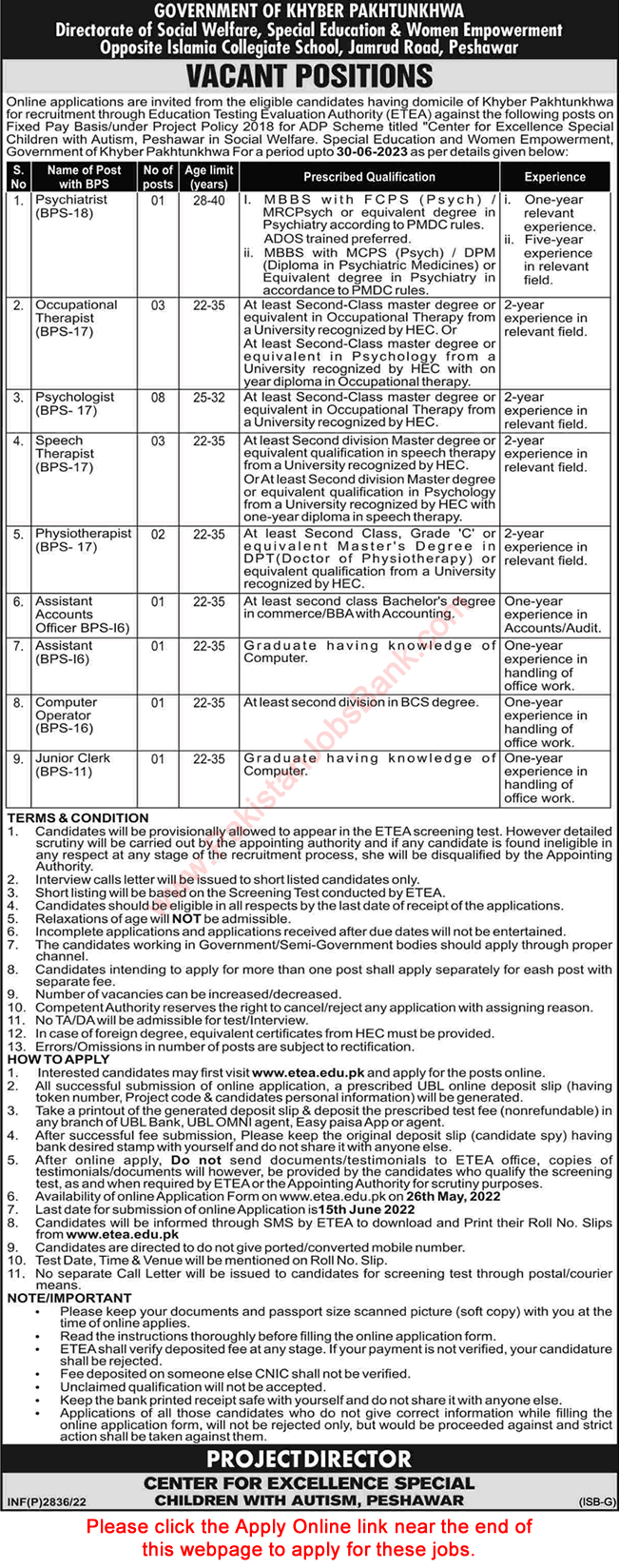 Social Welfare Department KPK Jobs 2022 May ETEA Apply Online Psychologists, Therapists & Others Latest