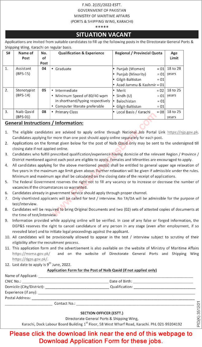 Ministry of Maritime Affairs Karachi Jobs 2022 May Application Form Ports and Shipping Wing Latest