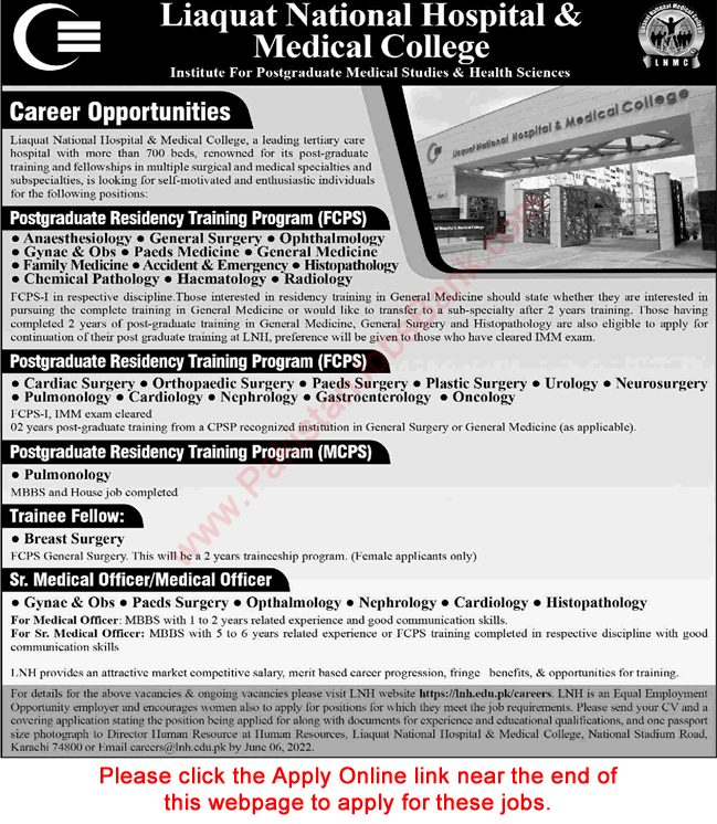 Liaquat National Hospital Karachi Jobs May 2022 June Apply Online Postgraduate Residency Training Program & Others Latest