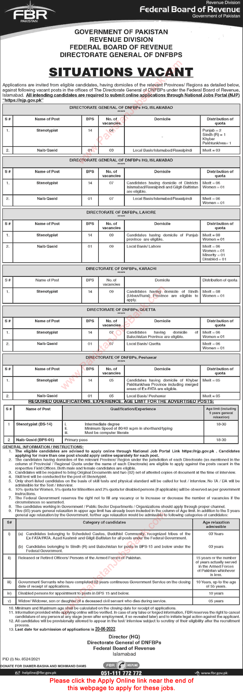 FBR Jobs June 2022 Apply Online Stenotypists & Naib Qasid Federal Board of Revenue Latest