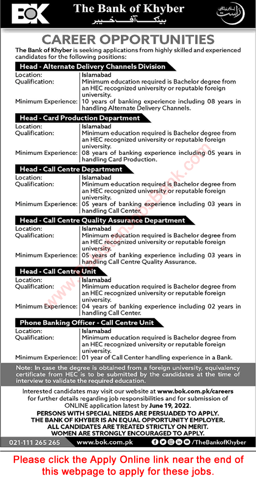 Bank of Khyber Jobs June 2022 Apply Online Phone Banking Officer & Others BOK Latest