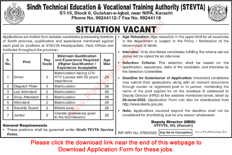 STEVTA Jobs 2022 June Application Form Drivers, Attendants & Others Latest