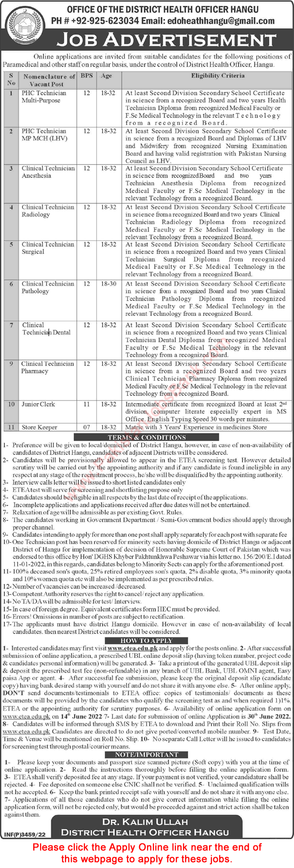 Health Department Hangu Jobs 2022 June ETEA Apply Online Clinical Technicians & Others Latest