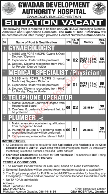 GDA Hospital Gwadar Jobs June 2022 Gwadar Development Authority Latest