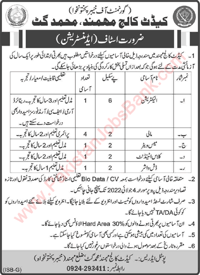 Cadet College Mohmand Ghat Jobs June 2022 KPK Mali & Others Latest