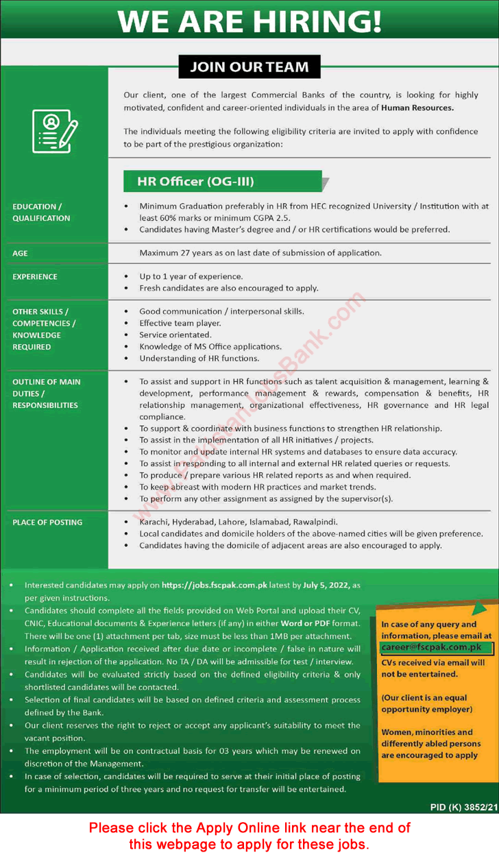 HR Officer Jobs in Pakistan June 2022 Apply Online Commercial Bank Latest