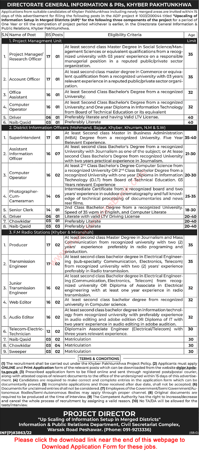 Directorate General Information and Public Relations KPK Jobs 2022 June DGIPR Online Application Form Latest