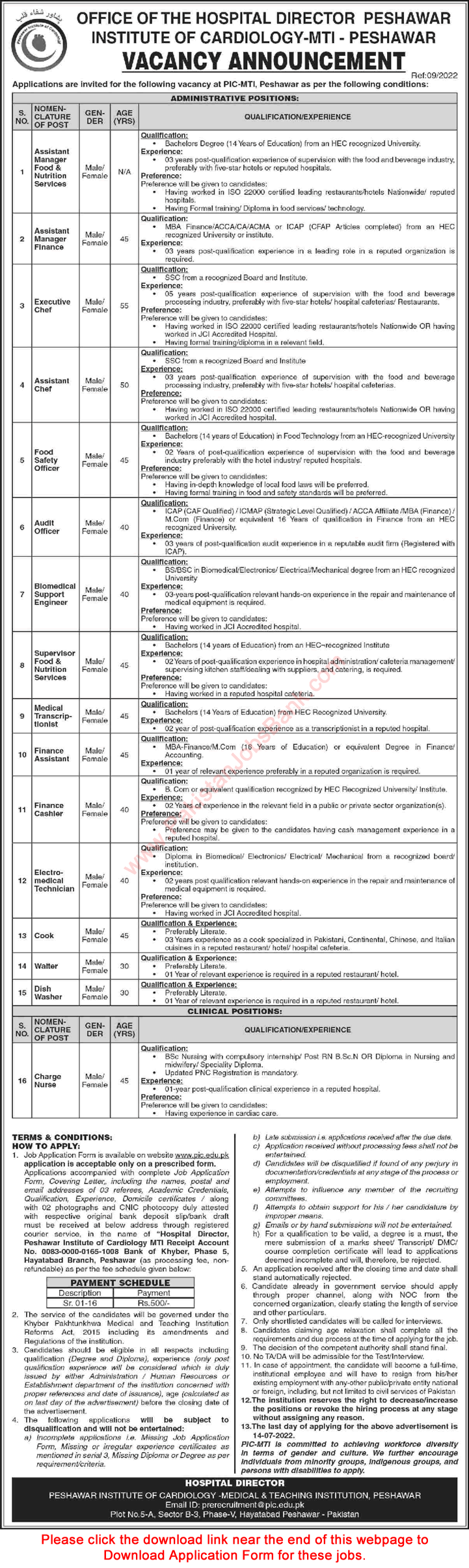 Peshawar Institute of Cardiology Jobs June 2022 Application Form Assistant Managers & Others Latest