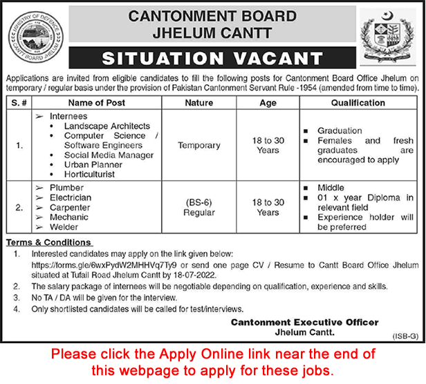 Cantonment Board Jhelum Jobs 2022 July Apply Online Internees & Others Latest