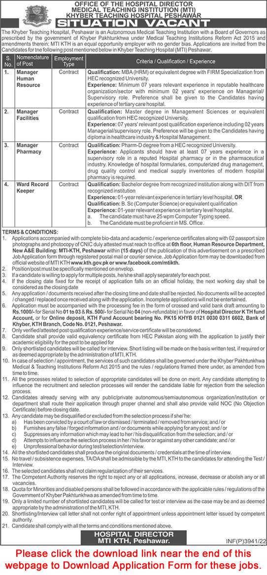 Khyber Teaching Hospital Peshawar Jobs July 2022 MTI Application Form Managers & Ward Record Keeper Latest