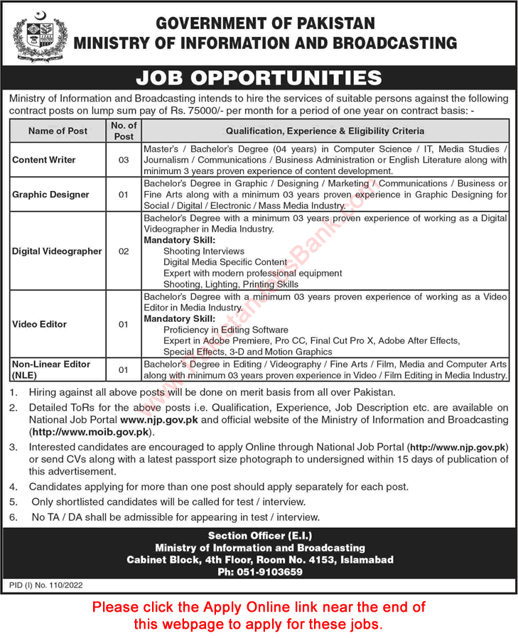 Ministry of Information and Broadcasting Islamabad Jobs July 2022 Online Apply Content Writer & Others Latest