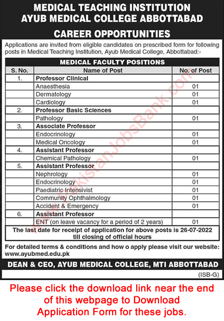 Teaching Faculty Jobs in Ayub Medical College Abbottabad July 2022 Application Form MTI Latest