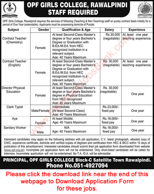 OPF Girls College Rawalpindi Jobs 2022 July Application Form Teachers, Clerk & Others Latest