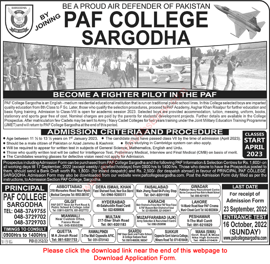 PAF College Sargodha Admission 8th Class 2022-2023 Join to be a GD Pilot in Pakistan Air Force Latest