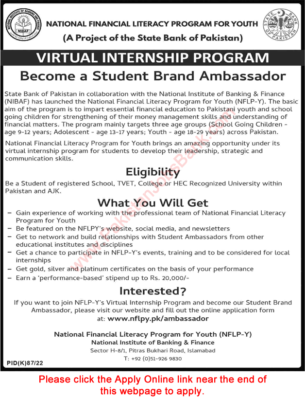 National Institute of Banking and Finance Virtual Internship Program July 2022 Apply Online NFLP-Y SBP Latest