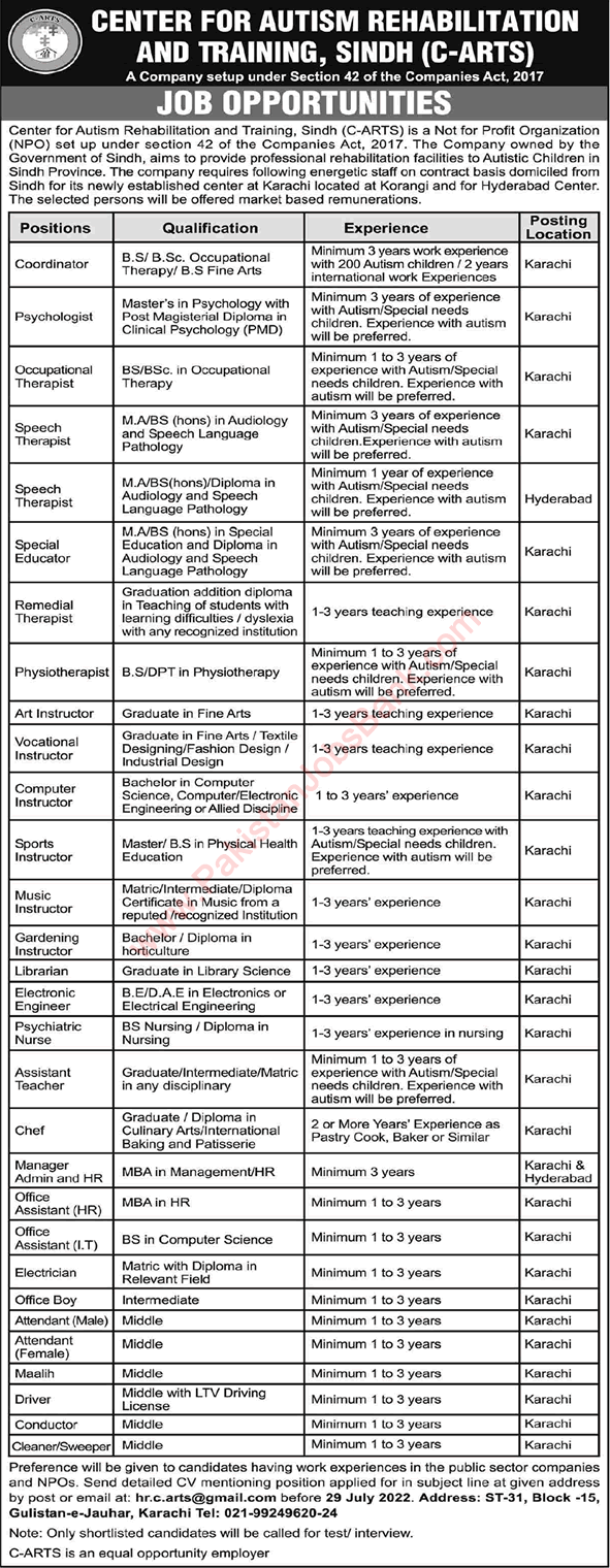 Center for Autism Rehabilitation and Training Sindh Jobs 2022 July C-ARTS Latest