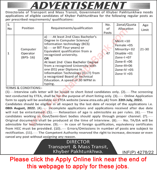 Computer Operator Jobs in Transport and Mass Transit Department KPK July 2022 ETEA Apply Online Latest