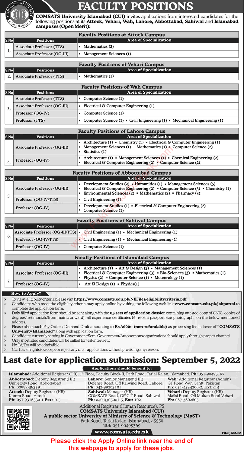 Associate / Professor Jobs in COMSATS University 2022 July / August Online Apply Teaching Faculty Latest