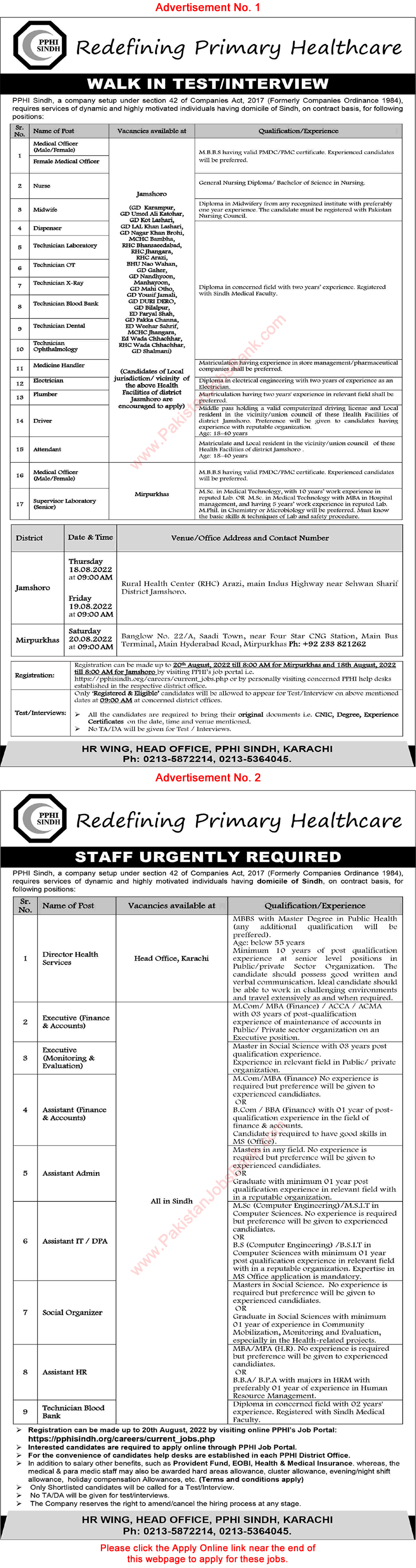 PPHI Sindh Jobs August 2022 Apply Online Walk in Interview People's Primary Healthcare Initiative Latest