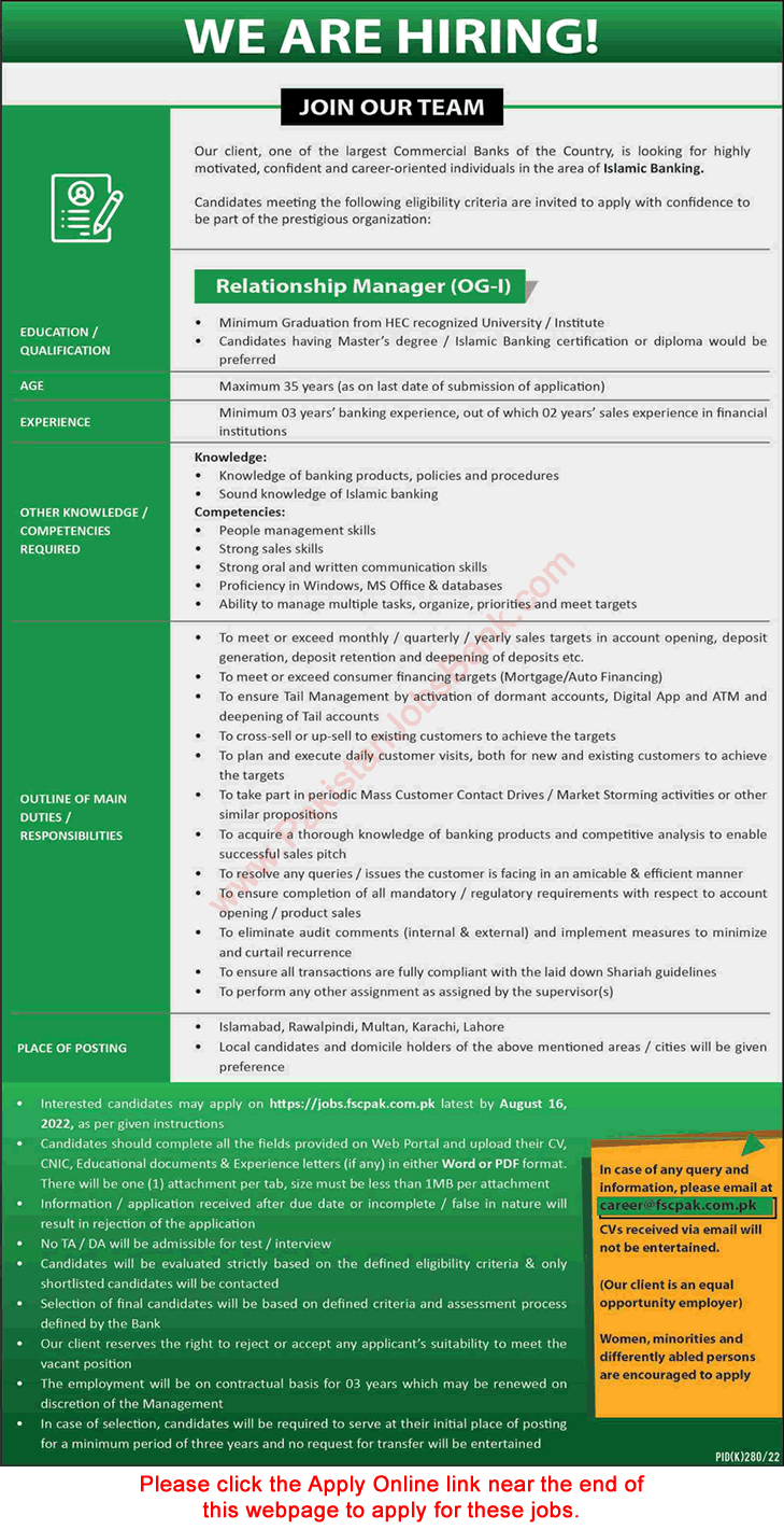 Relationship Manager Jobs in Banking Sector August 2022 Apply Online Officer Grade OG-1 Latest