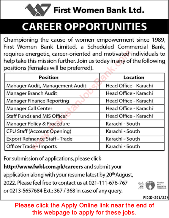 First Women Bank Limited Jobs August 2022 Online Apply FWBL Karachi Audit Managers & Others Latest