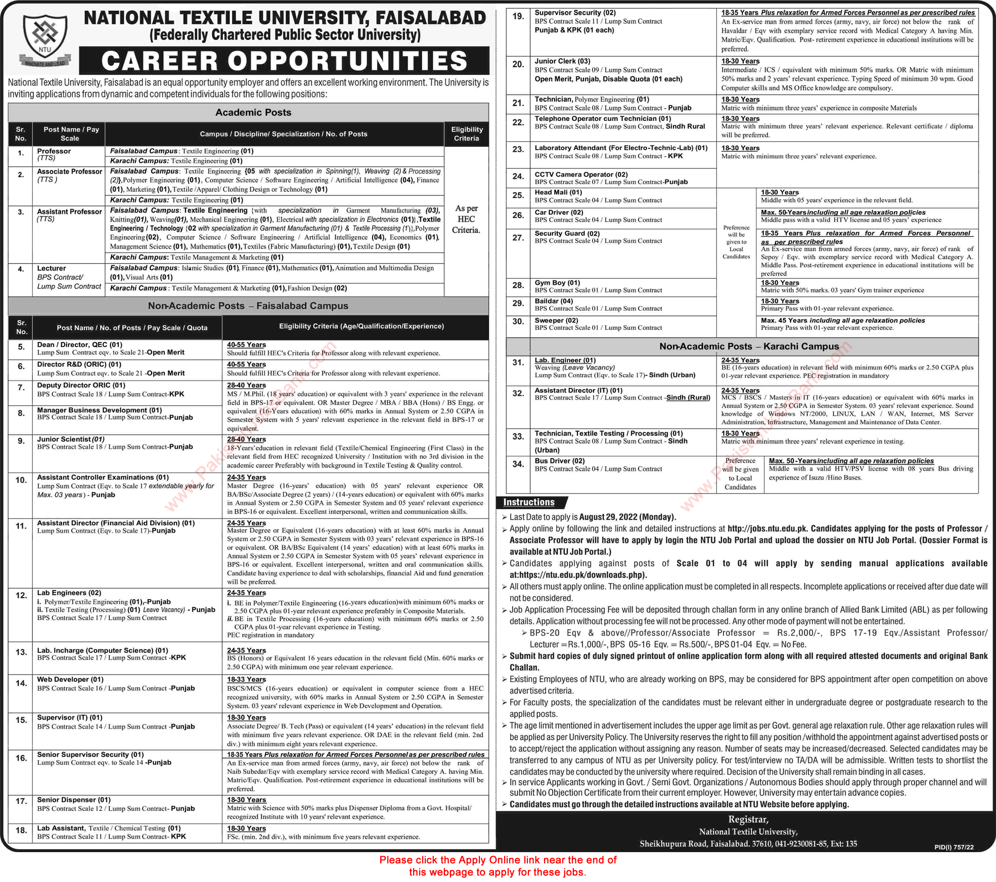 National Textile University Faisalabad Jobs 2022 August NTU Apply Online Teaching Faculty & Others Latest