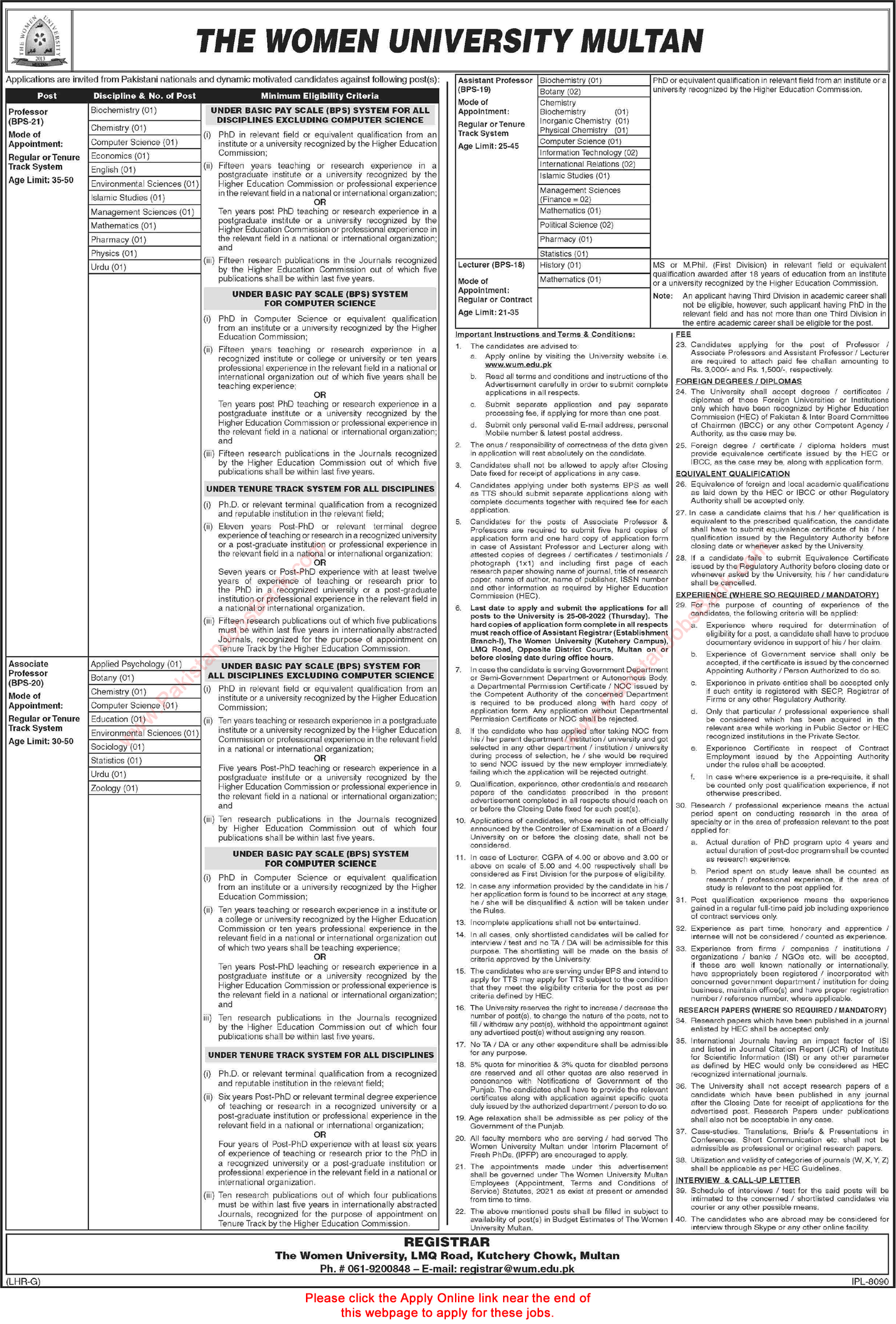 Teaching Faculty Jobs in Women University Multan August 2022 Apply Online Latest