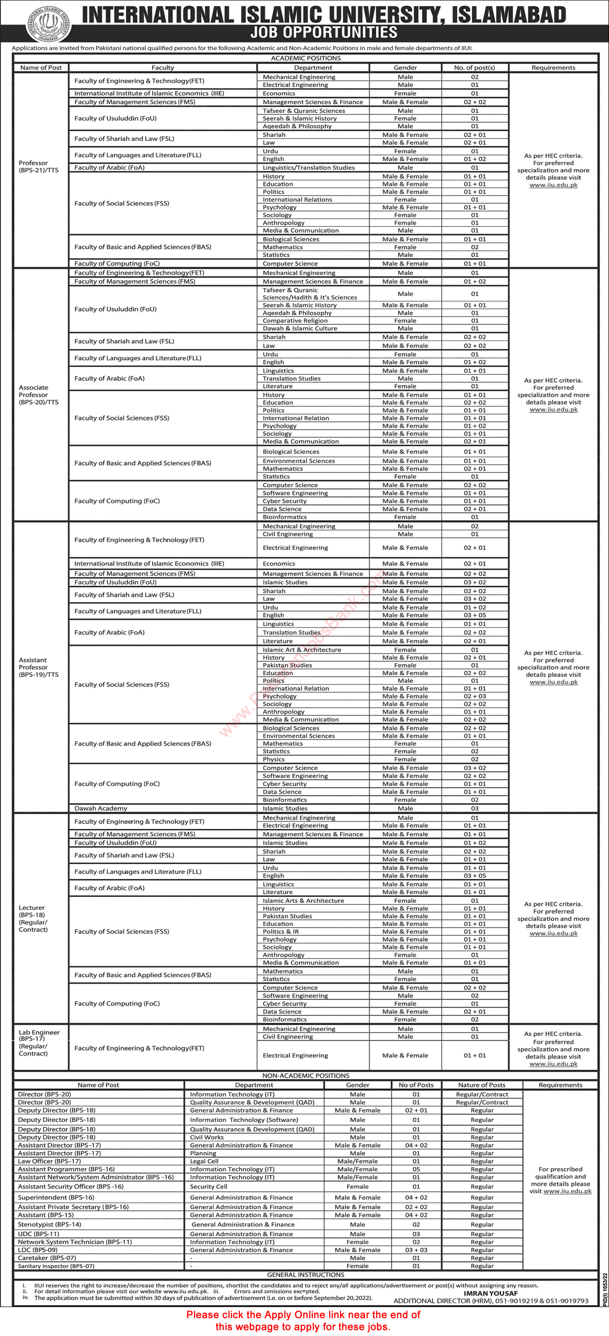 International Islamic University Islamabad Jobs 2022 August IIUI Apply Online Teaching Faculty & Others Latest