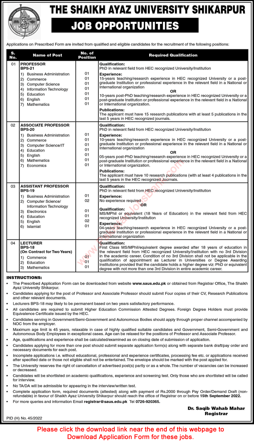 Teaching Faculty Jobs in Shaikh Ayaz University Shikarpur August 2022 Application Form Latest