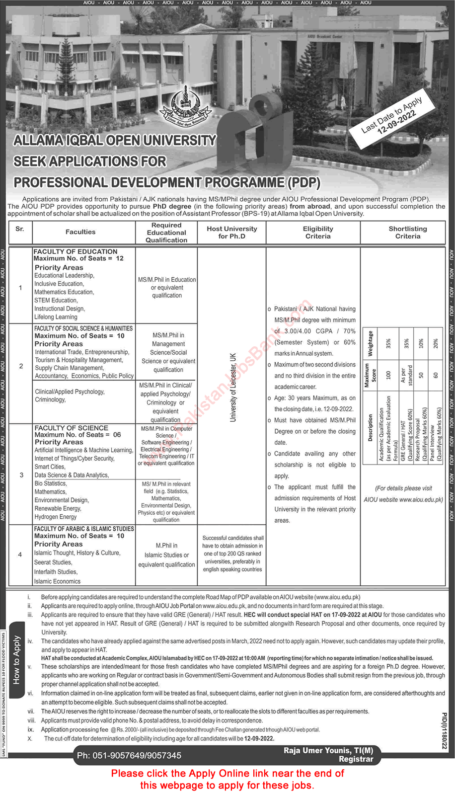 Assistant Professor Jobs in AIOU August 2022 Online Apply Allama Iqbal Open University Latest